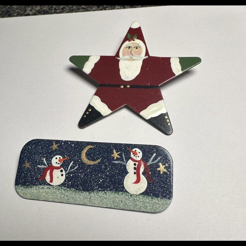 Christmas Brooch Pin Lot Of 2 Santa Star / Snowmen Hand Painted Metal